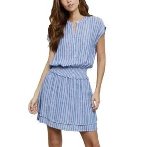 Rails Angelina Cascade Stripe Blue White Linen Blend Smocked Dress Medium